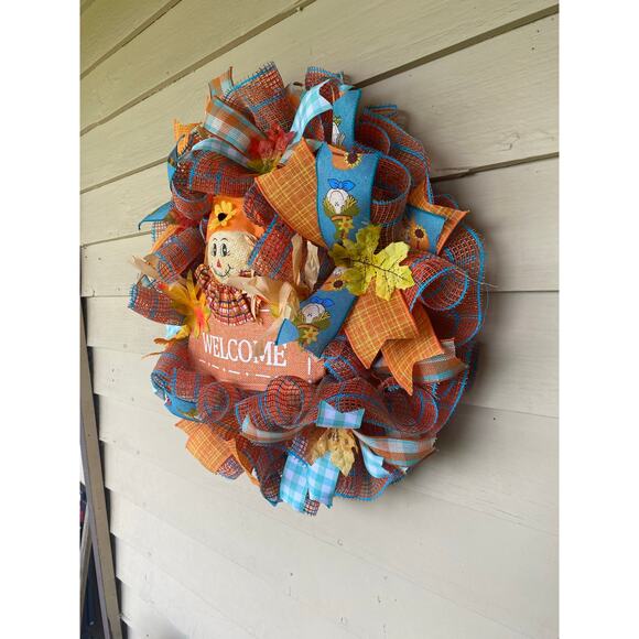 Adorable Fall Scarecrow Orange & Teal Blue Welcome Wreath Front Door Hanger - Picture 6 of 7